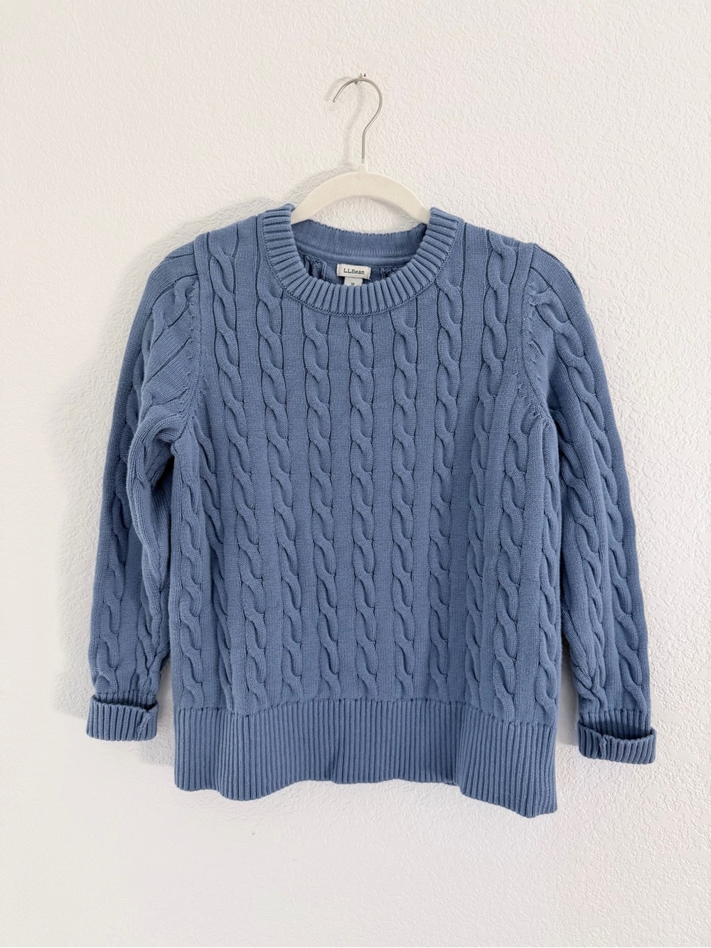 L.L. BEAN Cable Knit Crewneck 100% Cotton Sweater Size M Classic Coastal Preppy